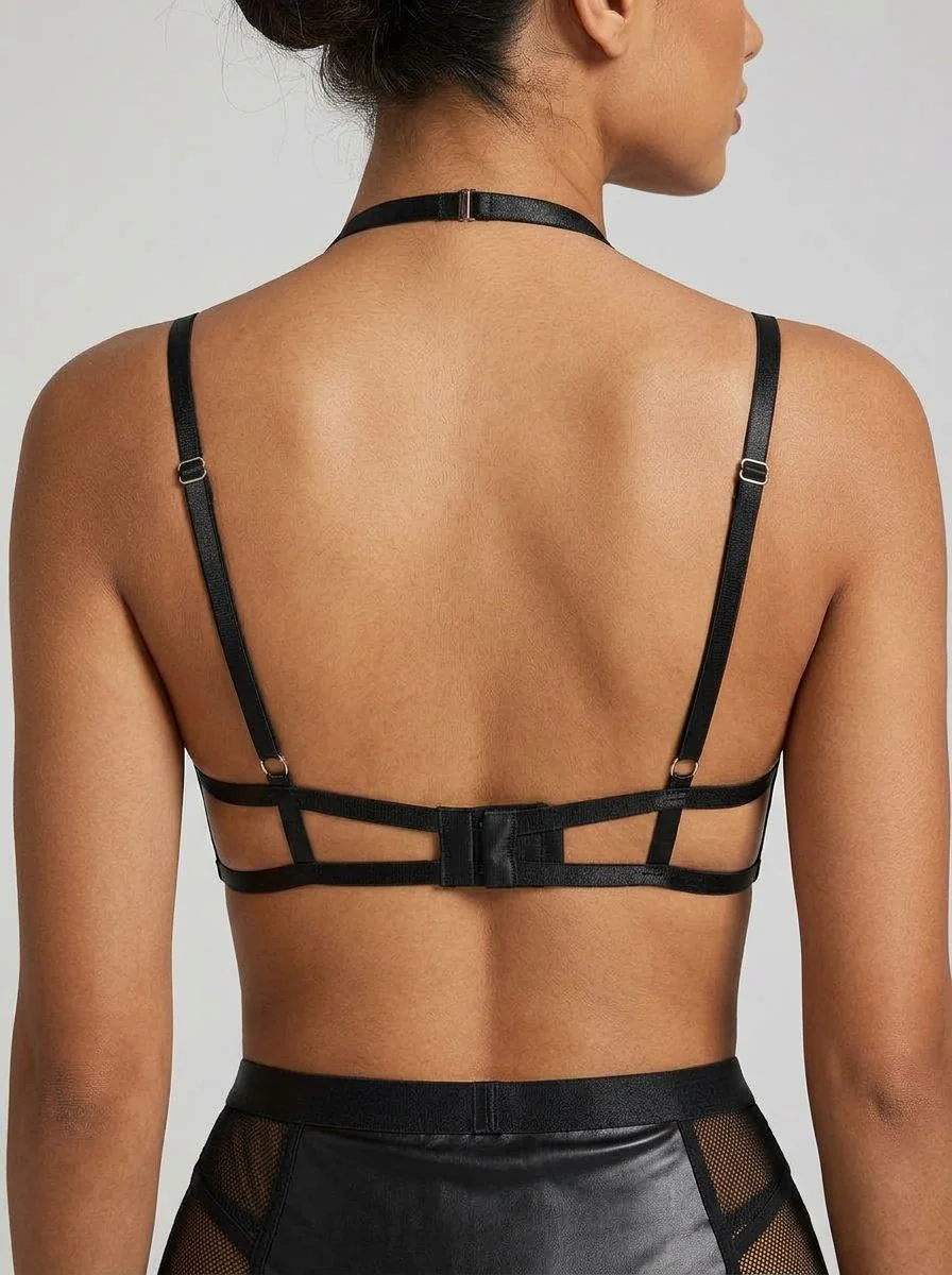 Black Faux PU Leather Mesh Garter Belt Sexy Halter Neck Lingerie Set - Edgy Sophistication & Sensual Elegance - Image 3