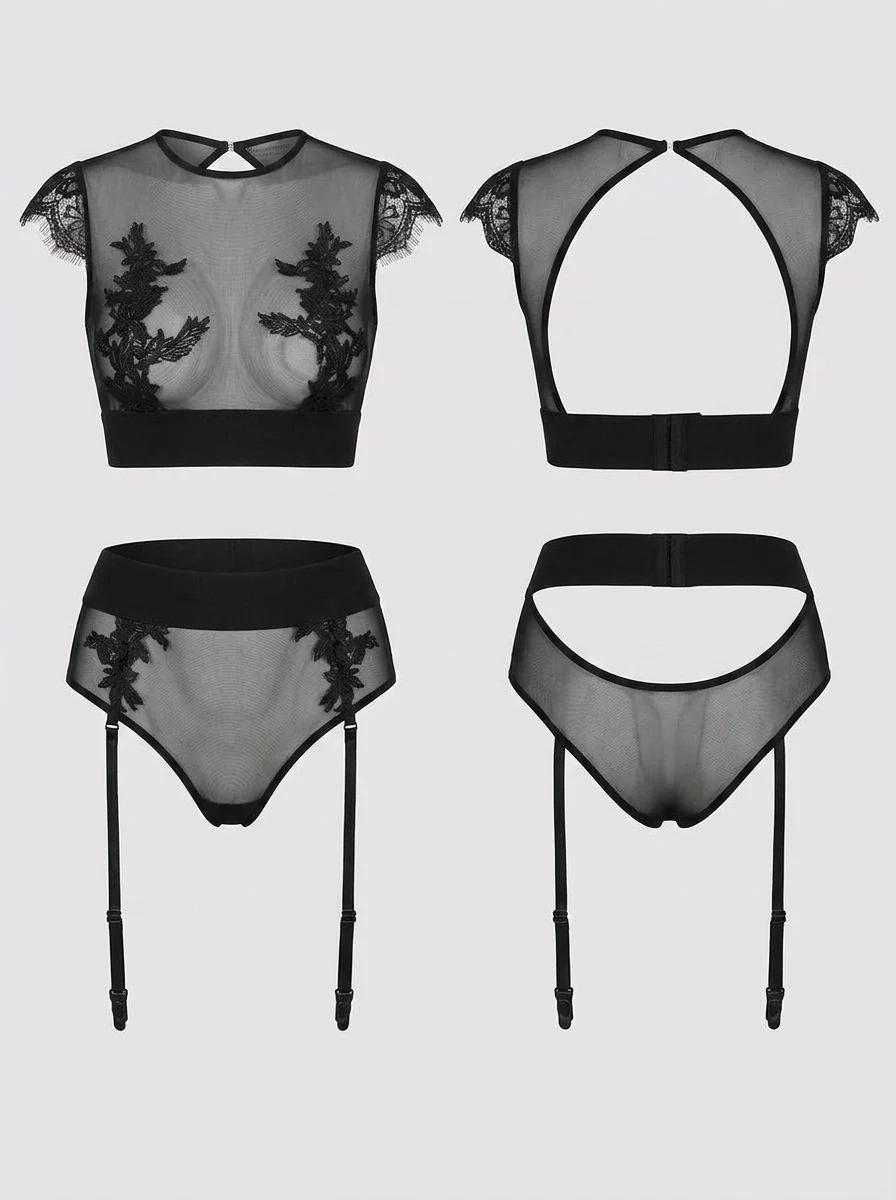 Black Sexy High Waist Elegant Embroidery Bra And Garter Panty Set - Image 4