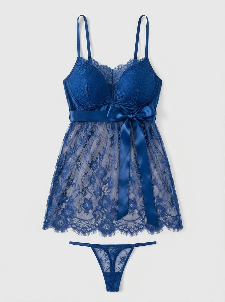 Blue Eyelash Lace Push-Up Suspender Nightdress - Image 4