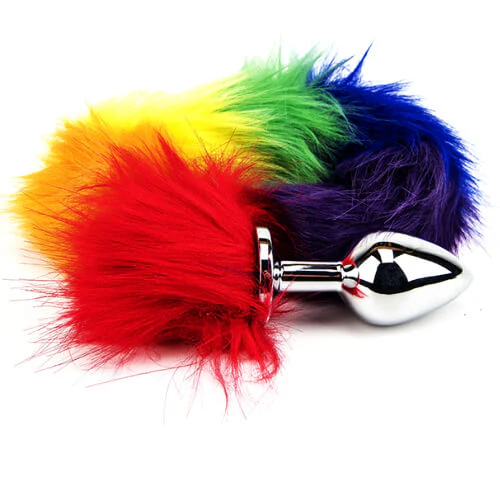 Furry Fantasy Rainbow Tail Butt Plug - Premium Aluminium Alloy, Faux Fur, 36cm Length, Temperature Play - Image 2