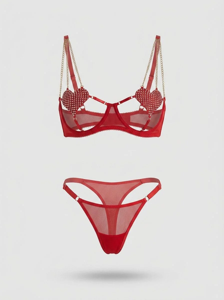 Luxury Red Sexy Mesh Heart Chain Bra Set with Elegant Detailing for Irresistible Confidence - Image 2
