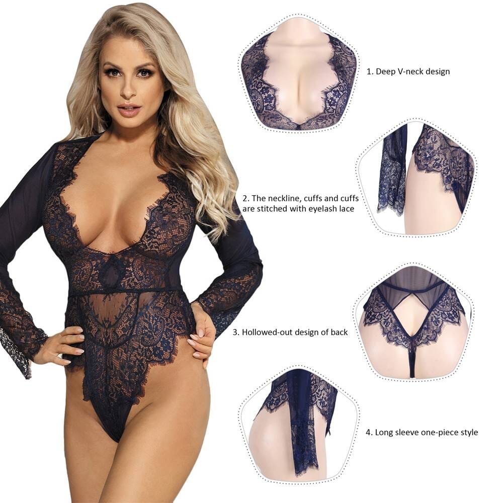 Scandals Navy Floral Lace Long Sleeve Teddy - Blue, Black and Pink - Image 6