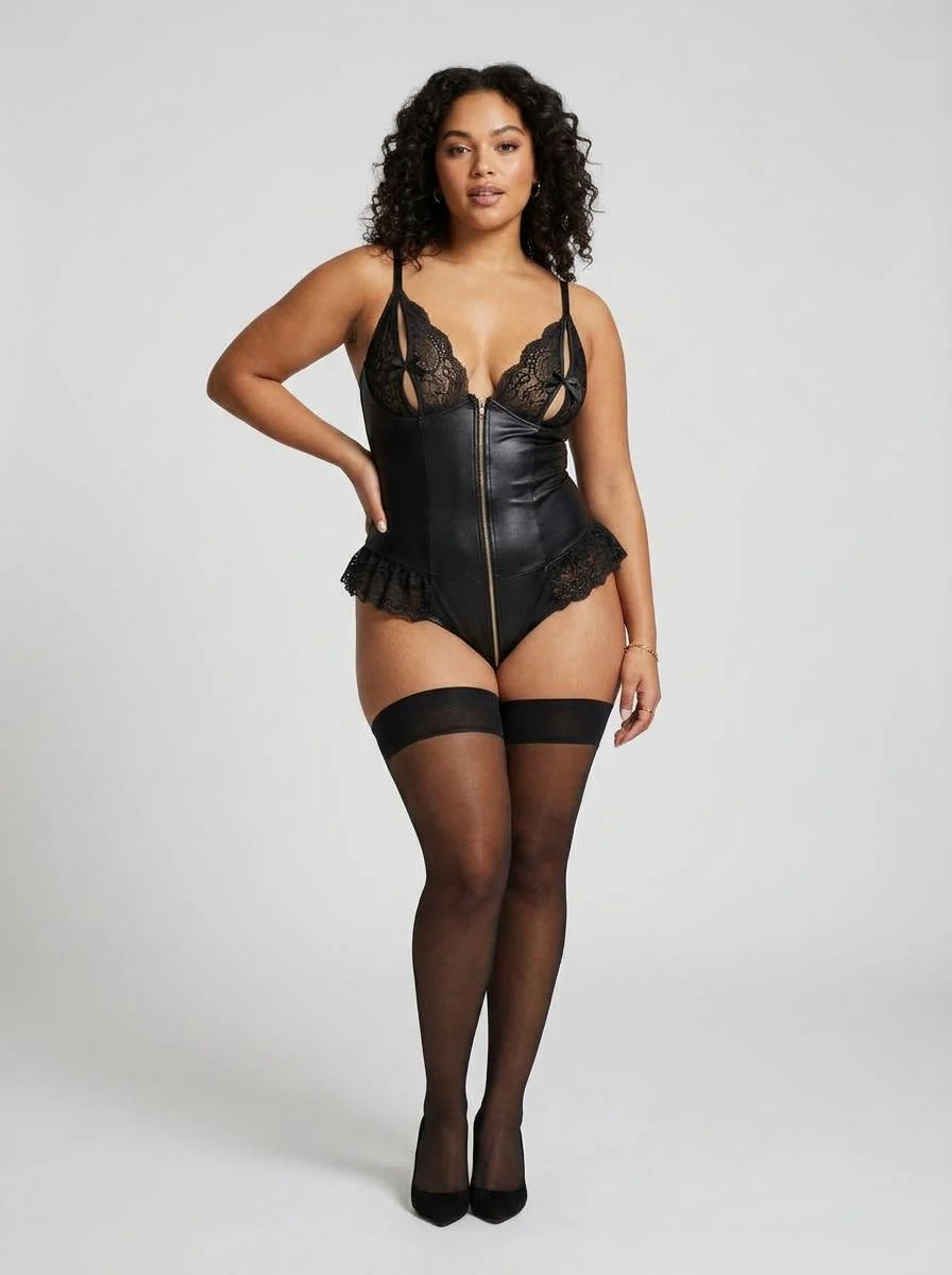 Scandals Sexy Lace Leather Stitching Zipper Teddy - Image 3
