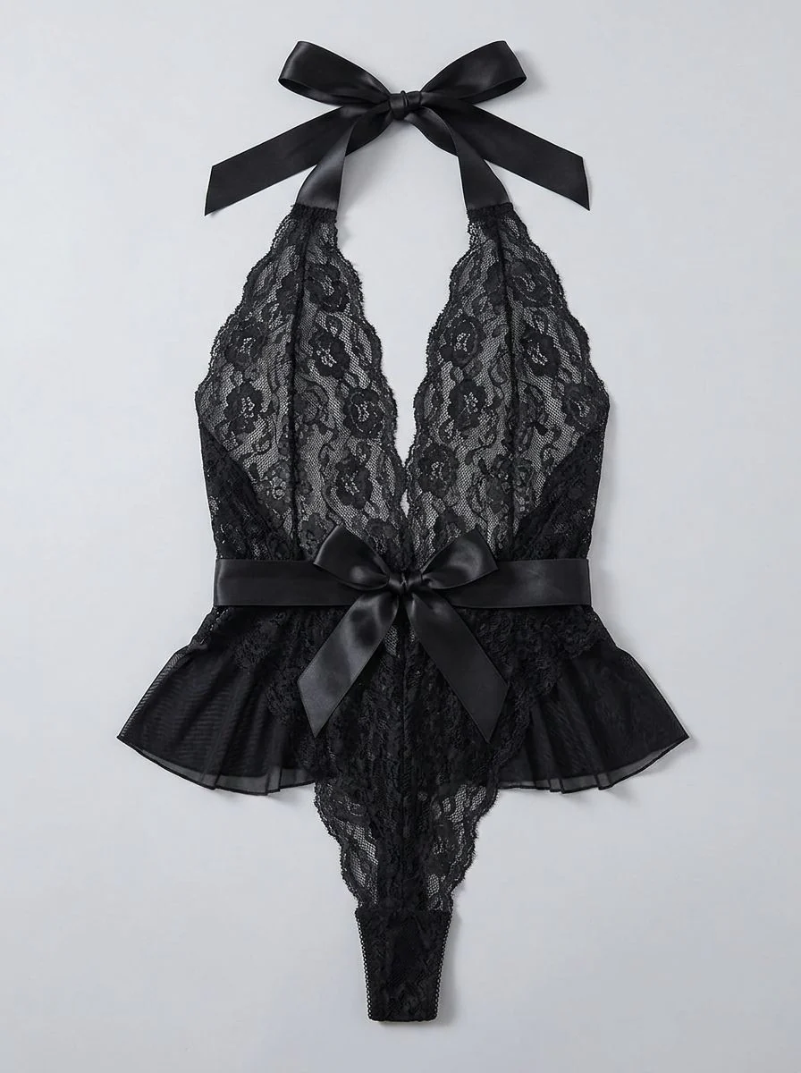 Halter Teddy V Neckline Ruffle With Ribbon Belt – Red, Black & Blue - Image 7