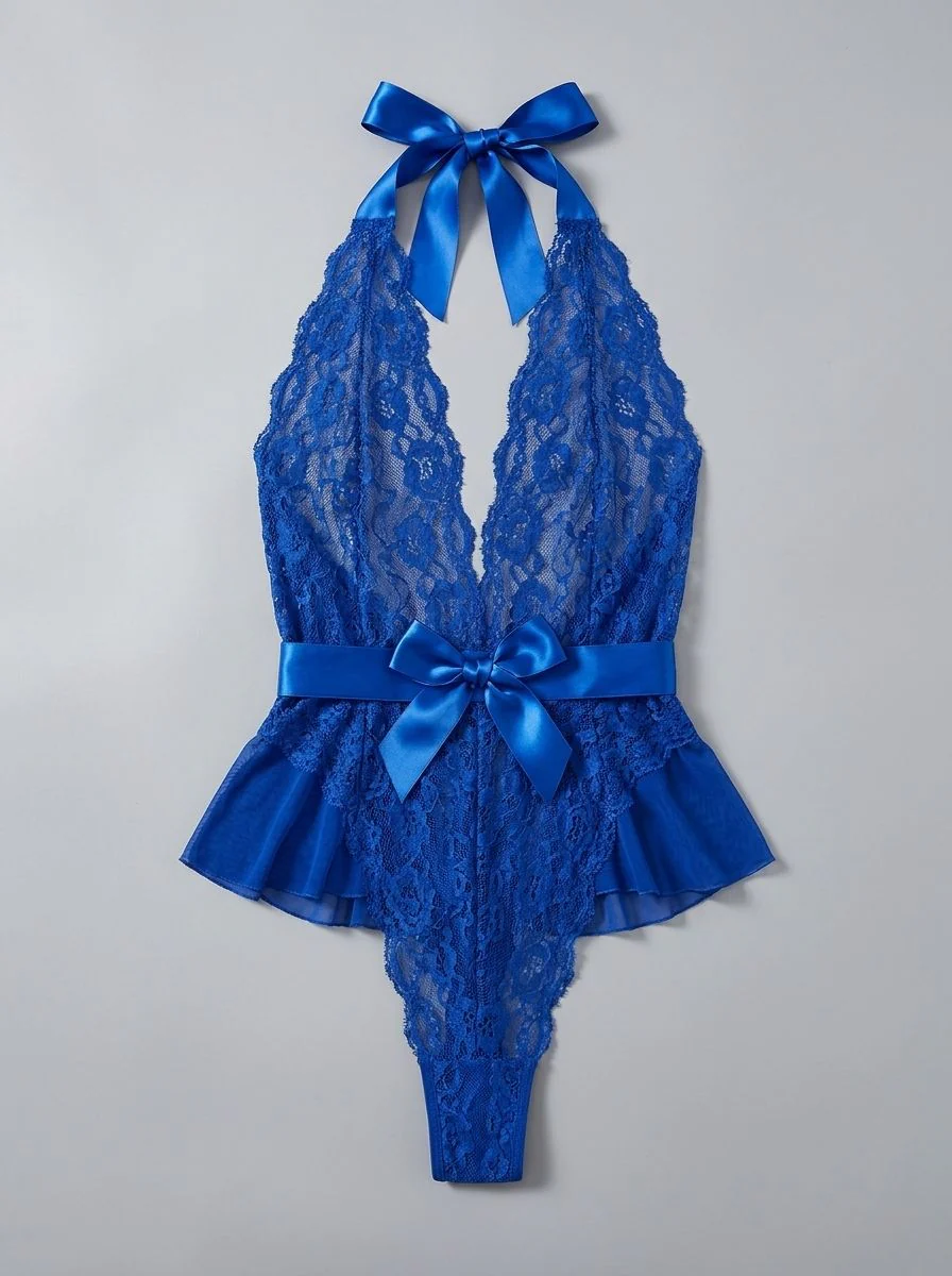 Halter Teddy V Neckline Ruffle With Ribbon Belt – Red, Black & Blue - Image 9