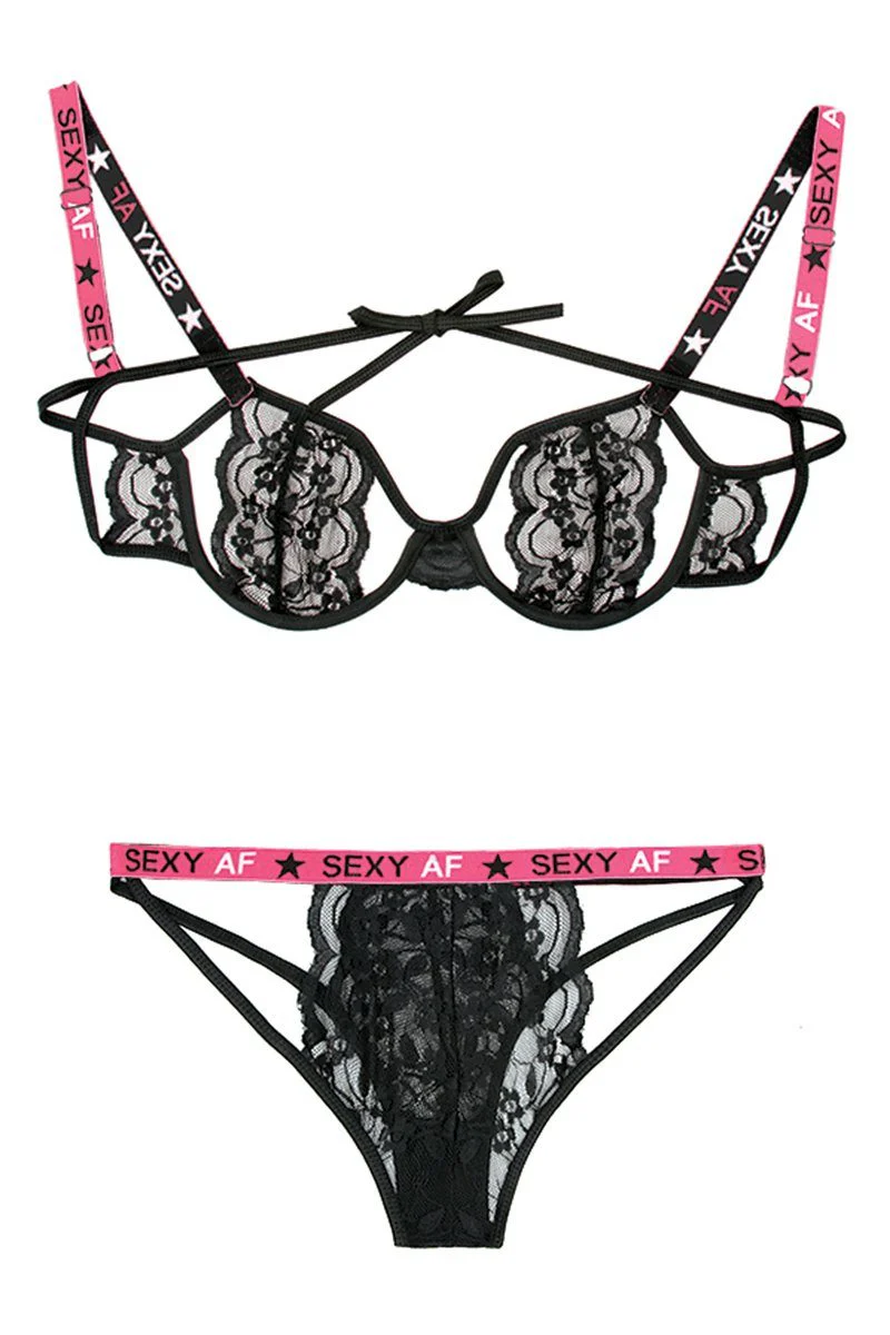 Sexy Lace Lingerie Set With Cut-Out Bra, Caged Panty & Fun "Sexy AF" Slogan Straps - Image 2