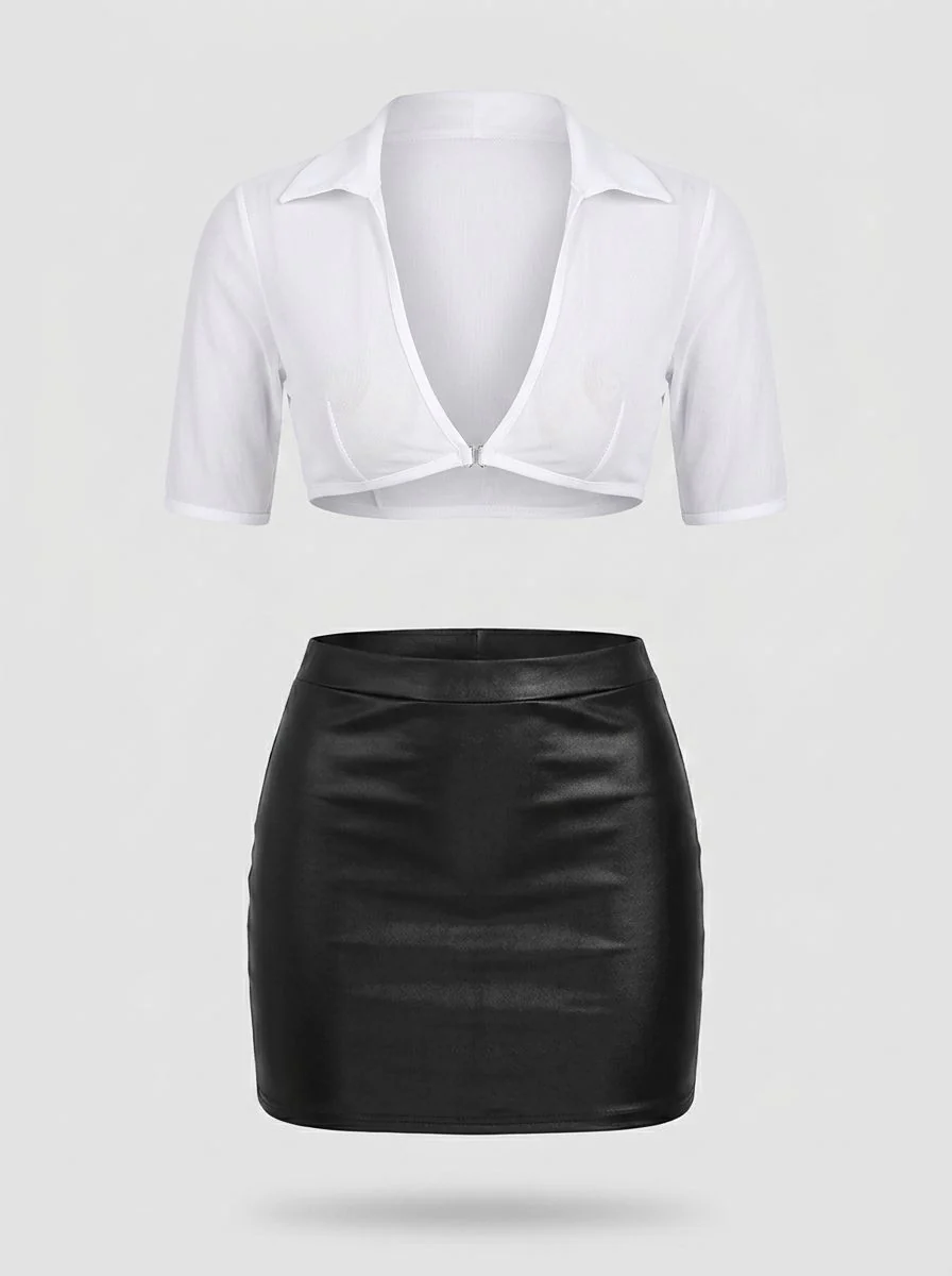 Elegant White Shirt And Black Faux Leather Skirt Secretary Costume For Bold Charm - Image 4