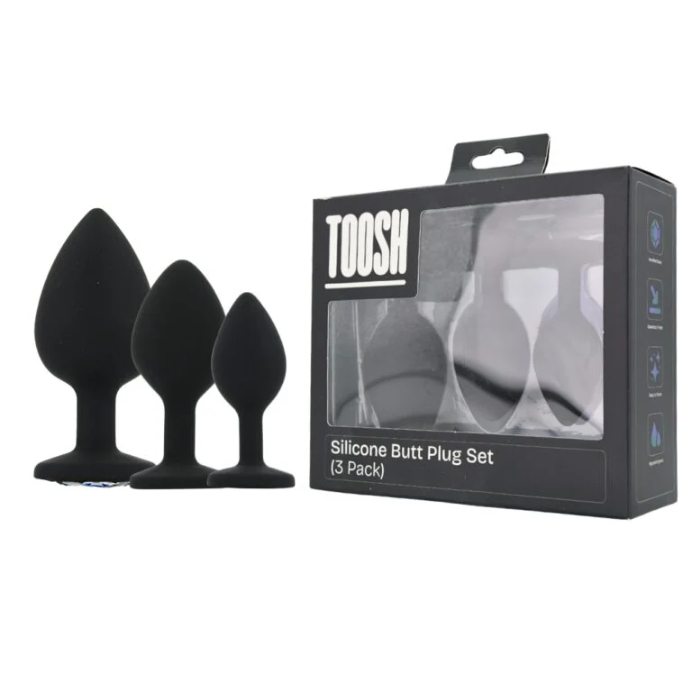 Toosh Silicone Butt Plug Set of 3 – Black with Clear Gem Base - Image 3